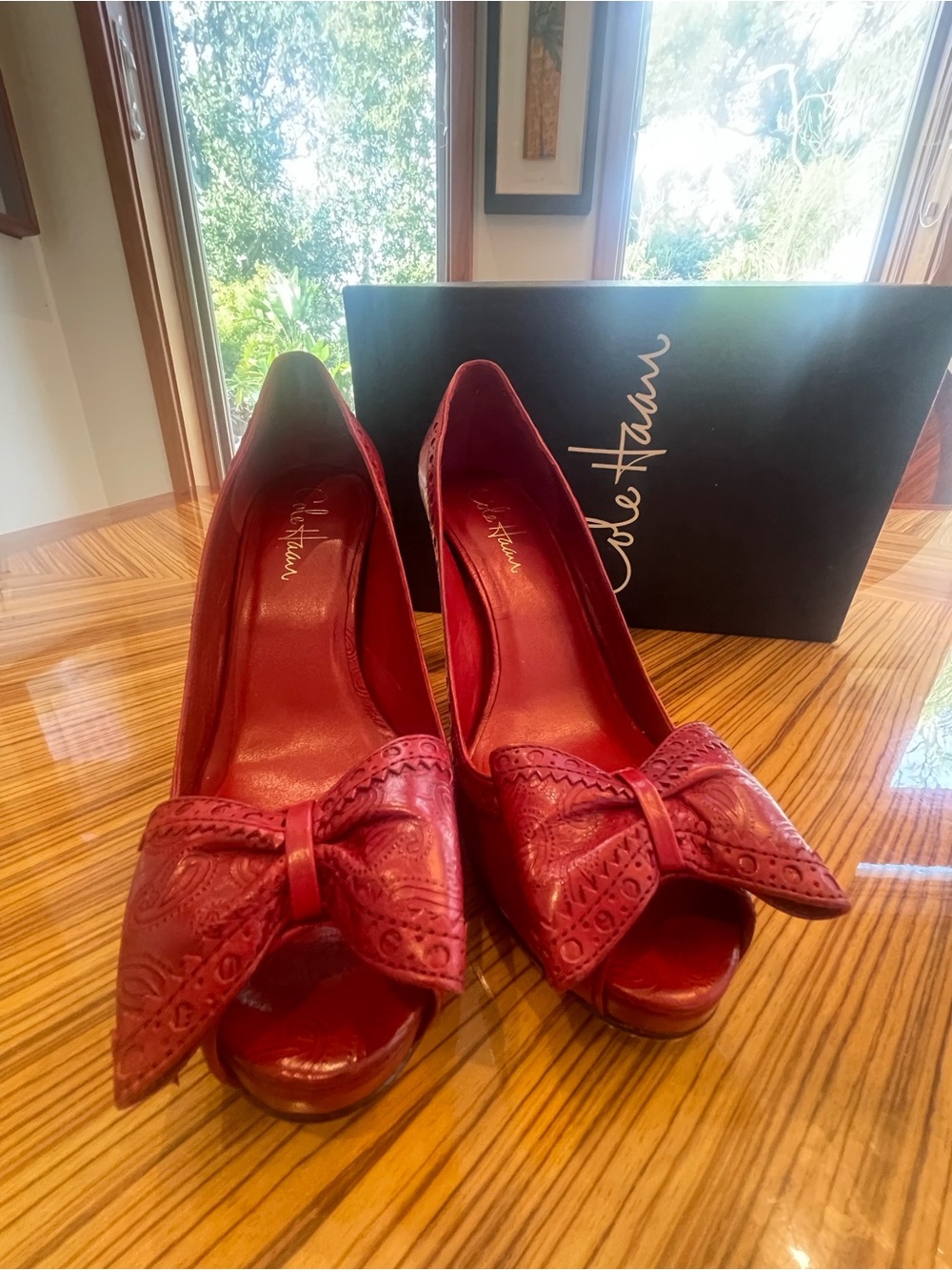 Cole Haan Red Leather Peep-Toe Heels with Bow Accent